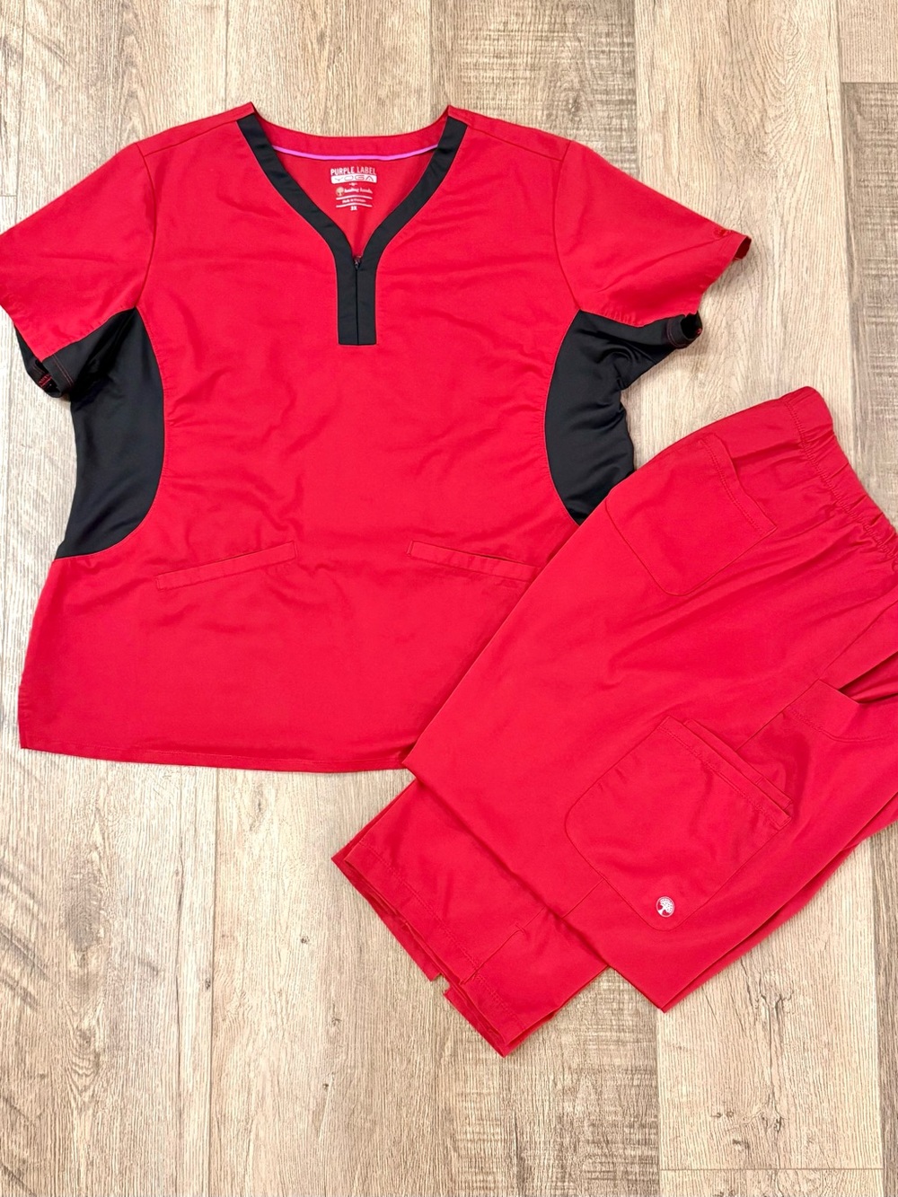 Healing Hands Purple Label Yoga Scrub Set 3X Red Black Stretch Medical Uniform